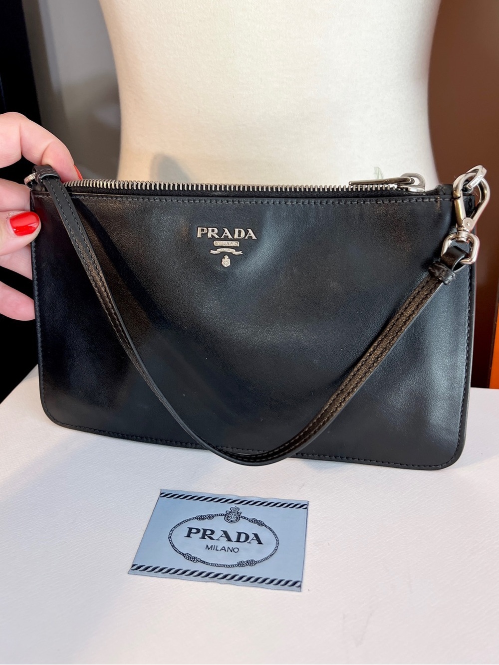Prada Black & Silver Leather wristlet/pouch beige suede inside. 🌟Offers welcome! - Picture 14 of 14